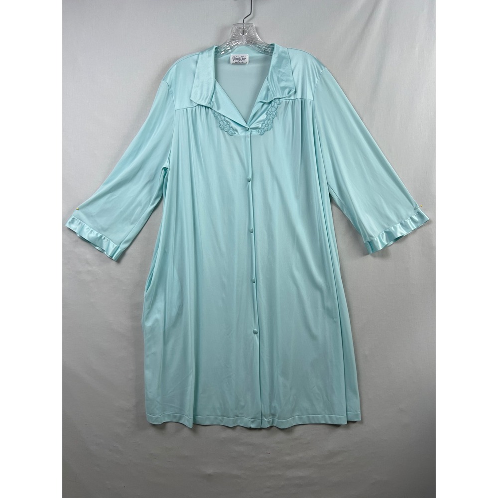 Vanity Fair Robe Women Large Aqua Blue Button Front Embroidered Housecoat USA